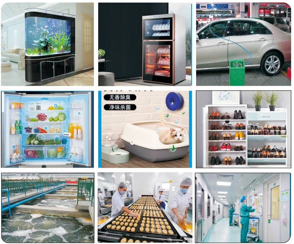 臭氧发生器应用场景：水族、消毒柜、车内、冰箱、宠物、鞋柜、水处理、食品厂、医疗
